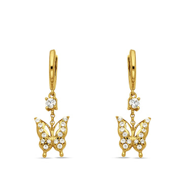 14K Yellow Gold 35mm Butterfly Cubic Zirconia Huggie Hoop Earring Wholesale